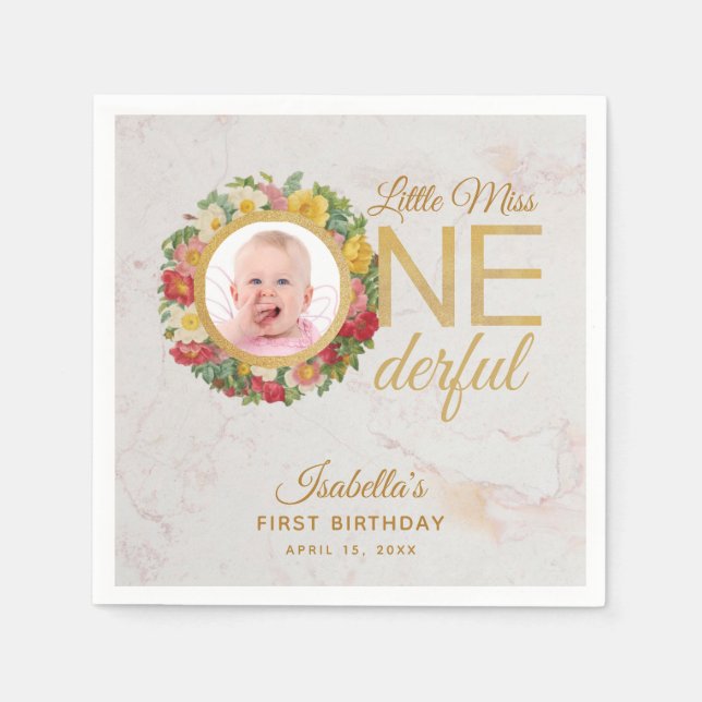 Miss Onederful Photo Blommigt Wandeth First Birthd Pappersservett (Framsidan)