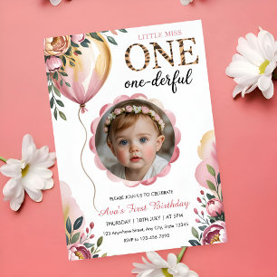 Miss Onederful Rosa Ballong 1-års Födelsedagsfoto Inbjudningar