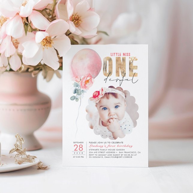 Miss Onederful Rosa Balloon 1:a födelsedagsfoto Inbjudningar (Little Miss Onederful Birthday Invitations)