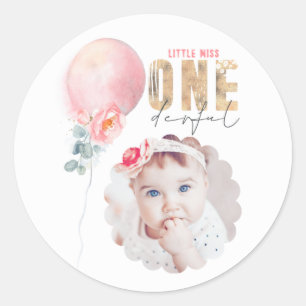 Miss Onederful Rosa Balloon 1:a födelsedagsfoto Runt Klistermärke