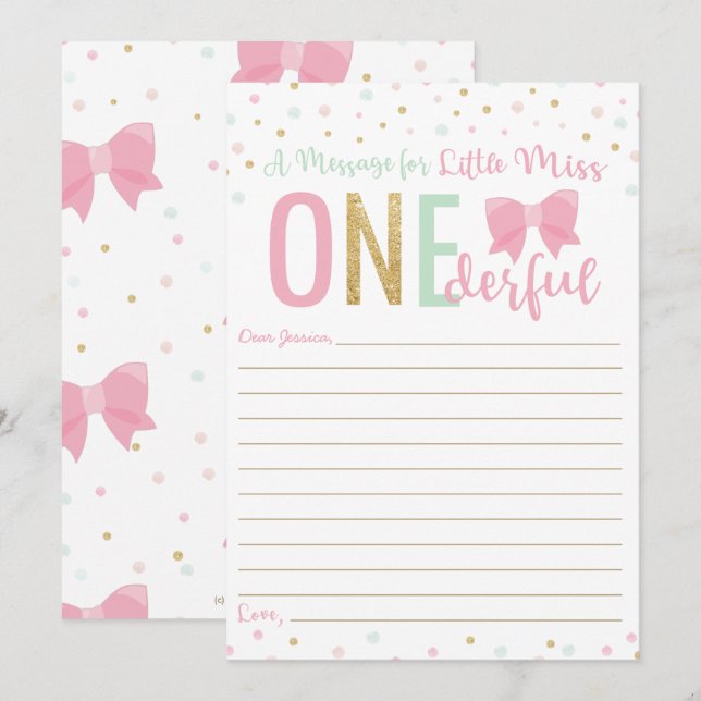 Miss ONEderful Rosa Bow Capsule Message Card Inbjudningar (Fram/baksida)