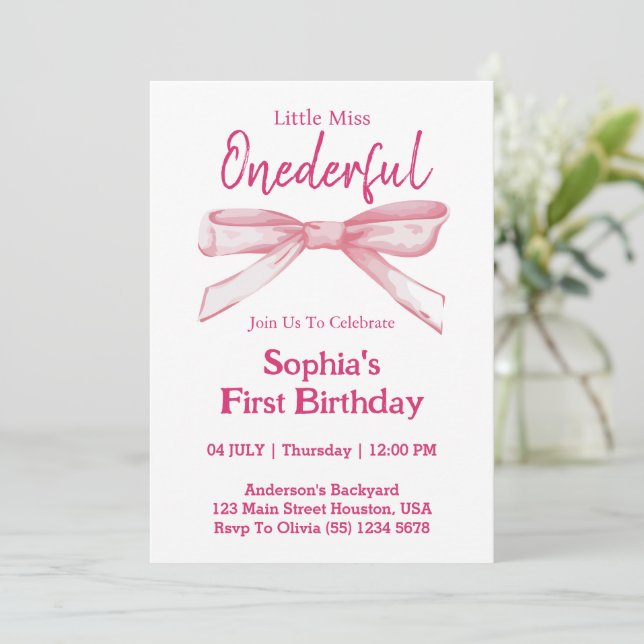 Miss ONEDERFUL Rosa Bow Girl 1st Birthday Inbjudningar (Stående Fram)