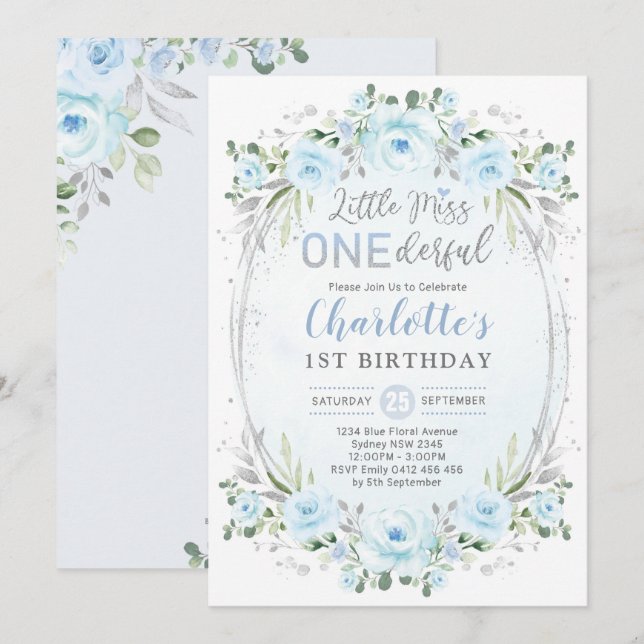 Miss ONEunderbar Baby blue Guld Blommigt 1:a födel Inbjudningar (Fram/baksida)