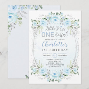 Miss ONEunderbar Baby blue Guld Blommigt 1:a födel Inbjudningar
