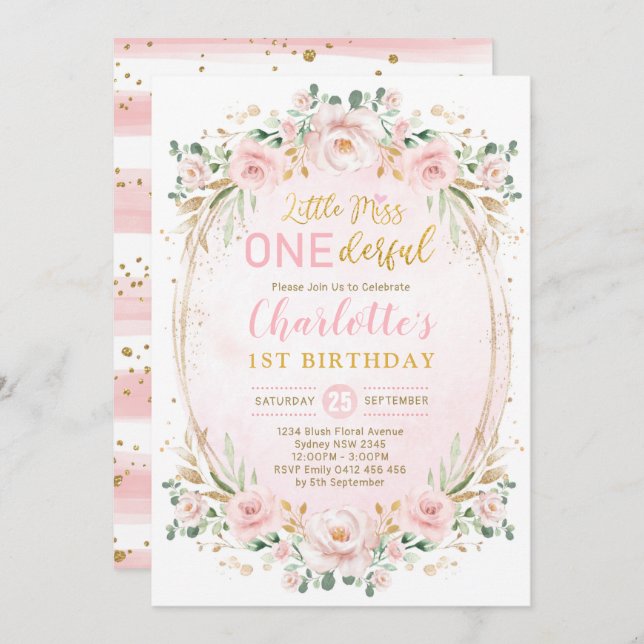 Miss ONEunderbar  Rosa Guld Blommigt 1:a födelseda Inbjudningar (Fram/baksida)