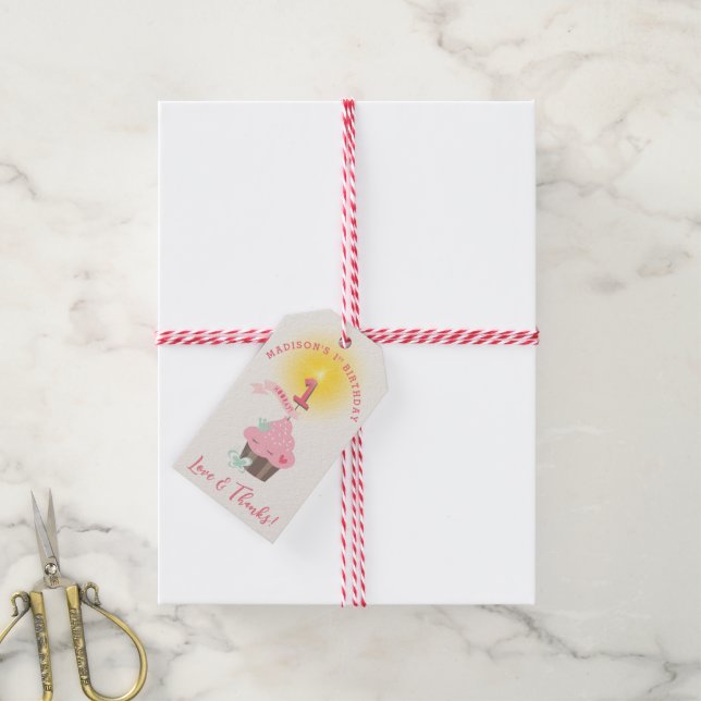 Miss Rosa Cuptårta Girl's 1st Birthday Party Presentetikett (Med Snöre)