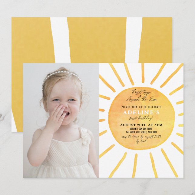 Miss Sunshine Watercolor 1:a Birthday Photo Inbjudningar (Fram/baksida)