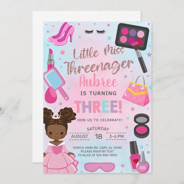 Miss Threenager girl 3rd third birthday invitation Inbjudningar (Fram/baksida)