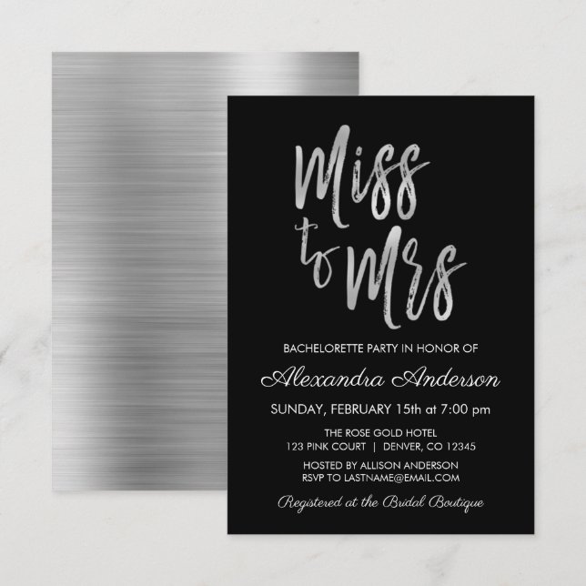 Miss till fru Silver Bachelorette Party Inbjudningar (Fram/baksida)