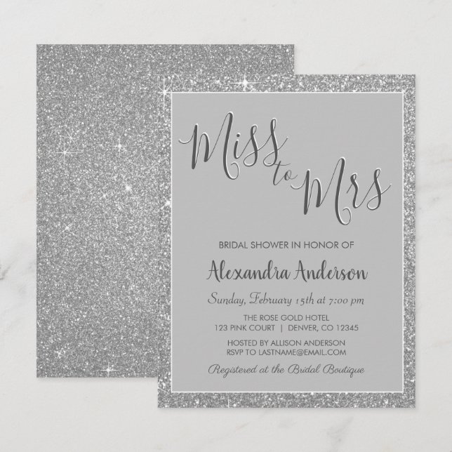 Miss till fru Silver Glitter Möhippa Inbjudningar (Fram/baksida)