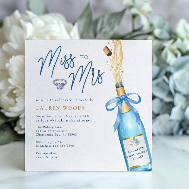 Miss till mrs Blue Champagne Möhippa Inbjudan (Miss to Mrs - Bridal Shower Invite)