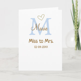MISS TILL MRS. BRUDKVÄLLSKAP MONOGRAM HJÄRTA NAMN KORT