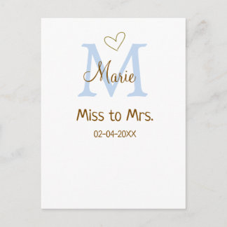 MISS TILL MRS. BRUDKVÄLLSKAP MONOGRAM HJÄRTA NAMN VYKORT