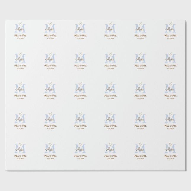 MISS TILL MRS. BRUDKVÄLLSKOMMA MONOGRAM HJÄRTA NAM PRESENTPAPPER (Platt)