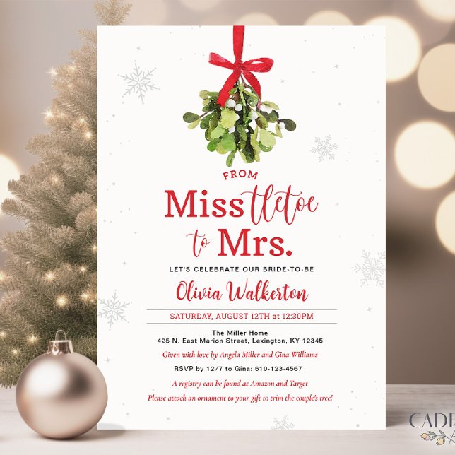 Miss till Mrs. Jul Inbjudningskort för möhippan (Miss-tletoe to Mrs. Bridal Shower Invitation for Holiday Themed Bridal Shower in December.)
