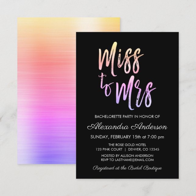 Miss till Mrs Lila Rosa Bachelorette Party Inbjudningar (Fram/baksida)