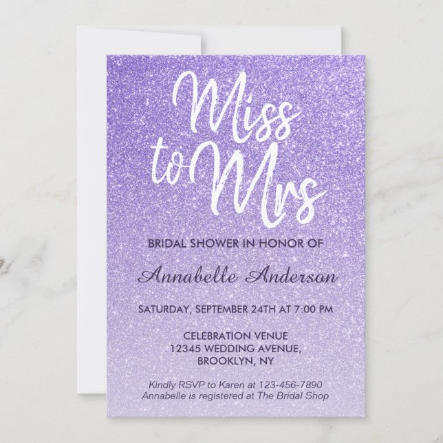 Miss till Mrs Lila Violet Glitter Möhippa Inbjudningar (Framsida)