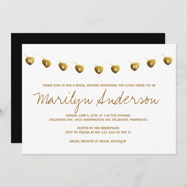 Miss till Mrs Modern Guld Möhippa Inbjudan (Fram/baksida)