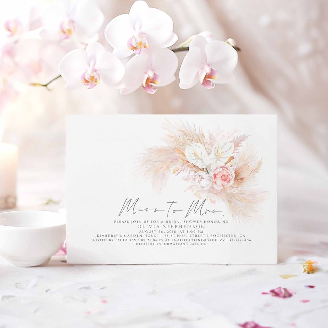 Miss till Mrs Pampas Grass Rosa Blommigt Möhippa Inbjudningar (Miss to Mrs Pampas Grass Boho Bridal Shower Invitations)
