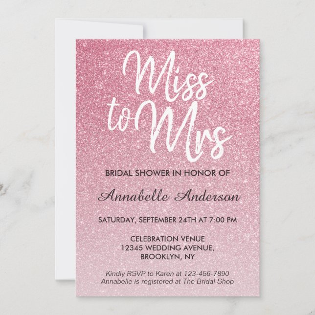 Miss till Mrs  Rosa Glitter Chic Möhippa Inbjudningar (Framsida)