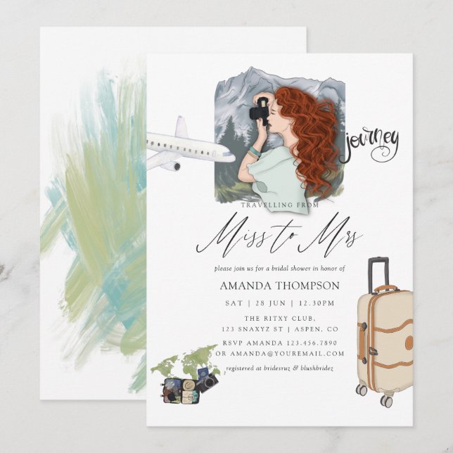 Miss till Mrs Travel Inbjudningskort för möhippan (Fram/baksida)