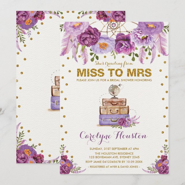 Miss till Mrs Travel Suitcase Lila Möhippa Inbjudningar (Fram/baksida)