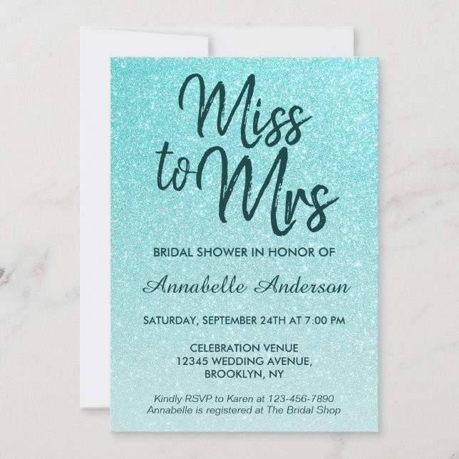 Miss till Teal Grönt Glitter Glam Möhippa Inbjudningar (Framsida)