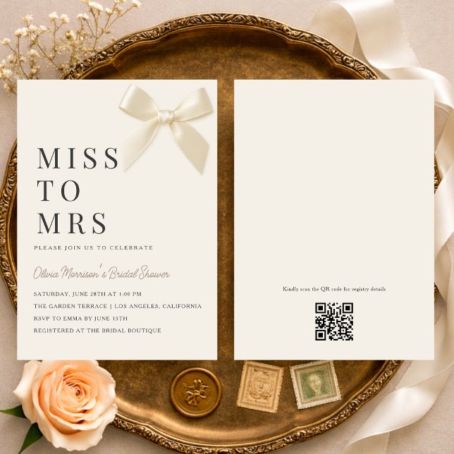 Miss to Mrs Coquette Bow QR Code Bridal Shower Inbjudningar (Skapare uppladdad)