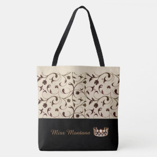 Miss USA Guld Krona Tote Bag Beige & Brown Scrolls Tygkasse