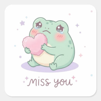 Miss You Frog Sticker Cute Frog Holding Heart Emot Fyrkantigt Klistermärke
