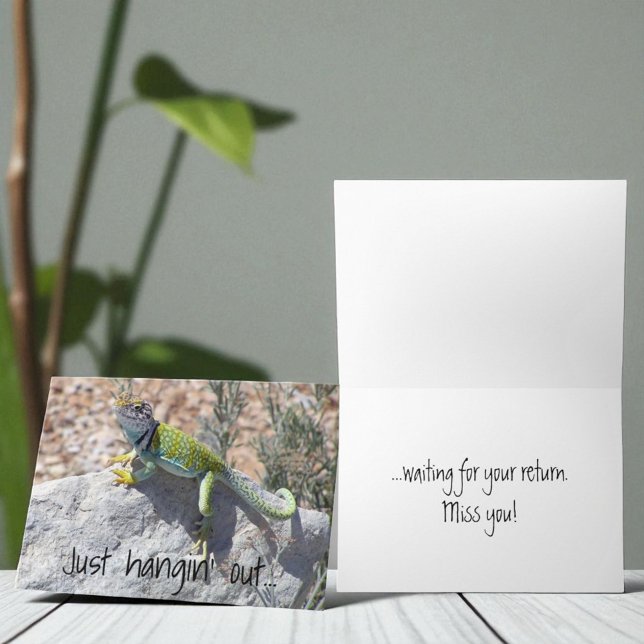 Miss You Lizard Sunbad Add Your Photo Kort (Replaceable cover photo and template cover and inside text)