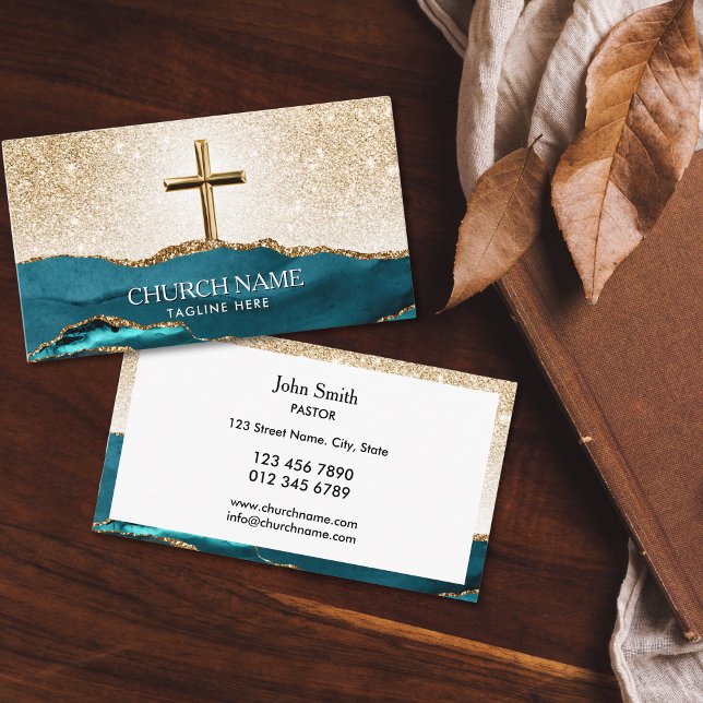 Mission Church Pastor Deacon Bishop Guld Kor Visitkort (gold cross with blue agate mountains and glitter gold sky church business cards for deacon, bishop, )