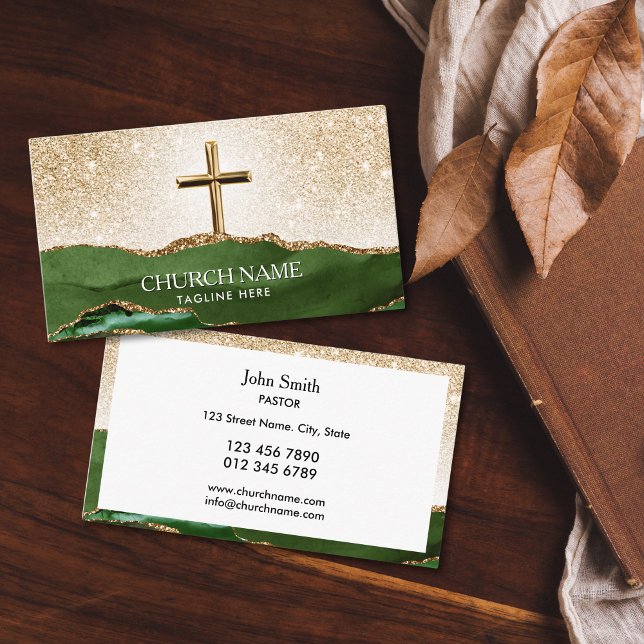 Mission Church Pastor Deacon Bishop Guld Kor Visitkort (gold cross with green agate mountains and glitter gold sky church business cards for deacon, bishop)