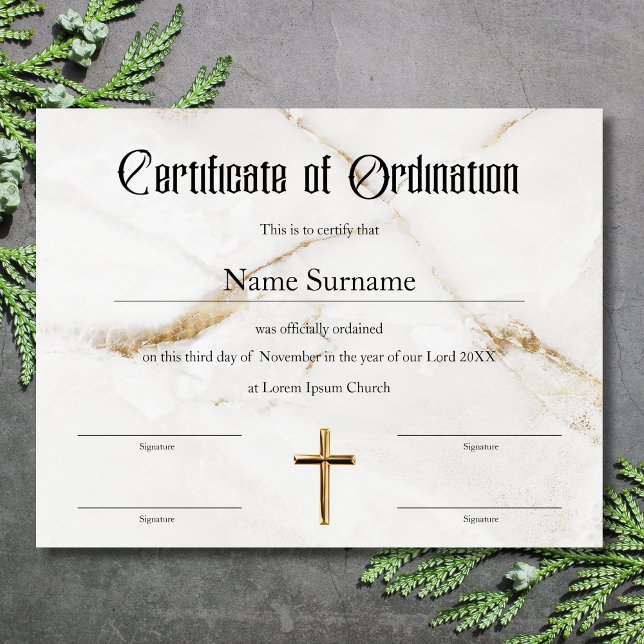 Mission för kyrkans ordningsbevis (Certificate of ordination white marble background and gold cross)