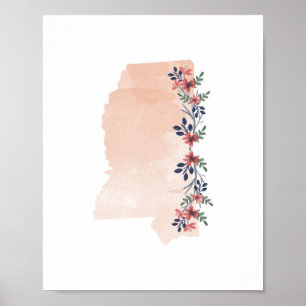 Mississippi Blommigt Watercolor State Poster