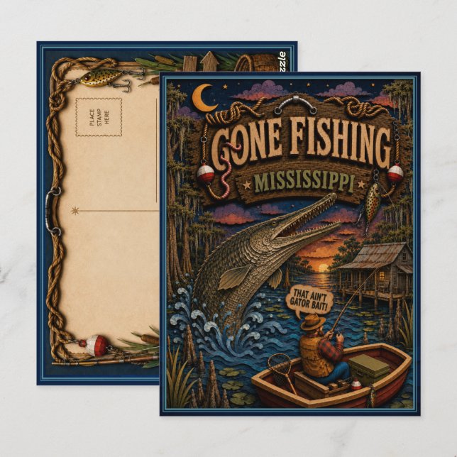 Mississippi Gone Fishing Alligator Gar Vykort (Fram/baksida)