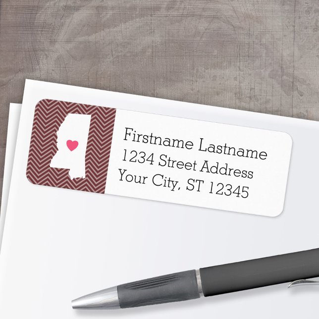 Mississippi Home State Kärlek med Anpassningsbar H Returadress Etikett (Personalized Mailing Label with Return Address and State Map - Low Minimum)