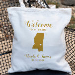 Mississippi Karta Bröllop Välkomstsäck, Guld Tygkasse<br><div class="desc">Bröllop helg välkomnar en presentpåse för gäster från byn till bröllop,  med en bild av Mississippi,  med hjärta som du kan ha ställe på exakt plats. Fyll i toa med dina favoritgodis.</div>