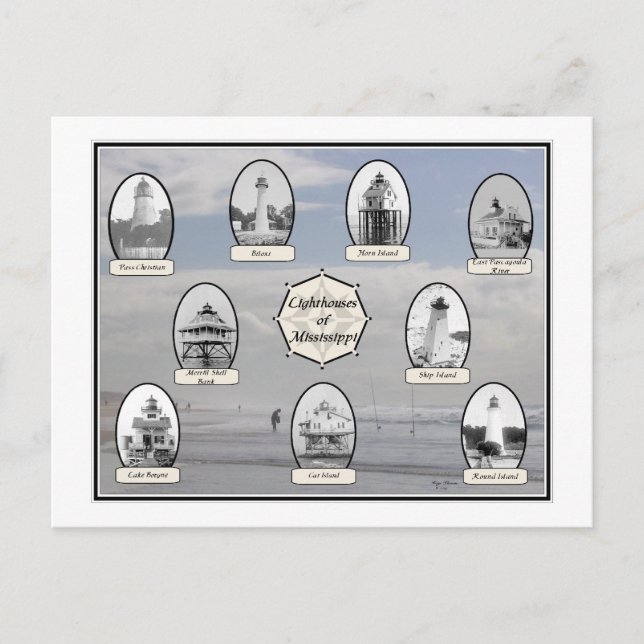 Mississippi Lighthouses-Beach-scen Vykort (Framsida)