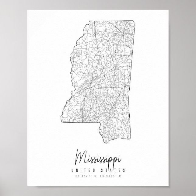 Mississippi Minimal Street Karta Poster (Framsidan)
