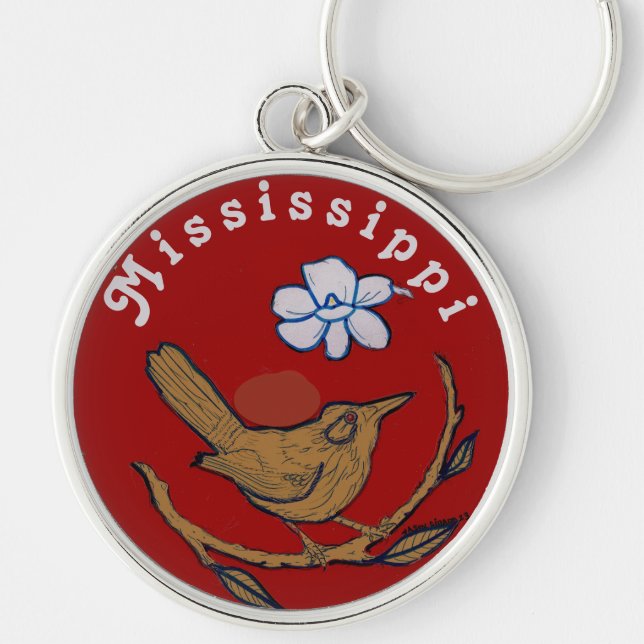 Mississippi Mocking Bird State Rund Silverfärgad Nyckelring (Framsidan)