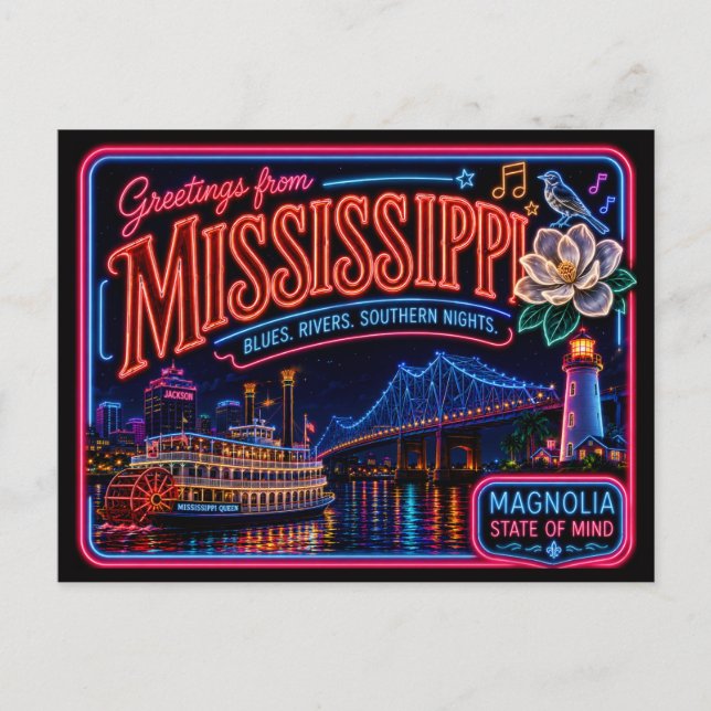 Mississippi Neon Stat Retro Vintage Vykort (Framsida)