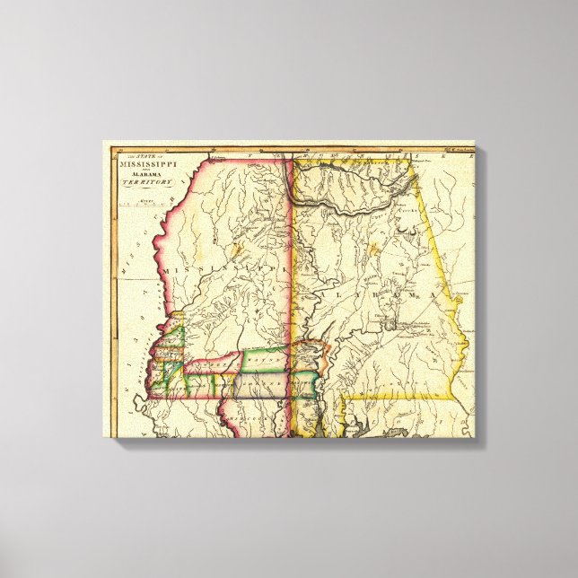 Mississippi och AlabamaPanoramic Karta Canvastryck (Framsida)