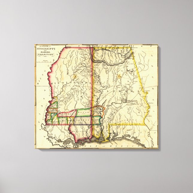 Mississippi och AlabamaPanoramic Karta Canvastryck (Framsida)