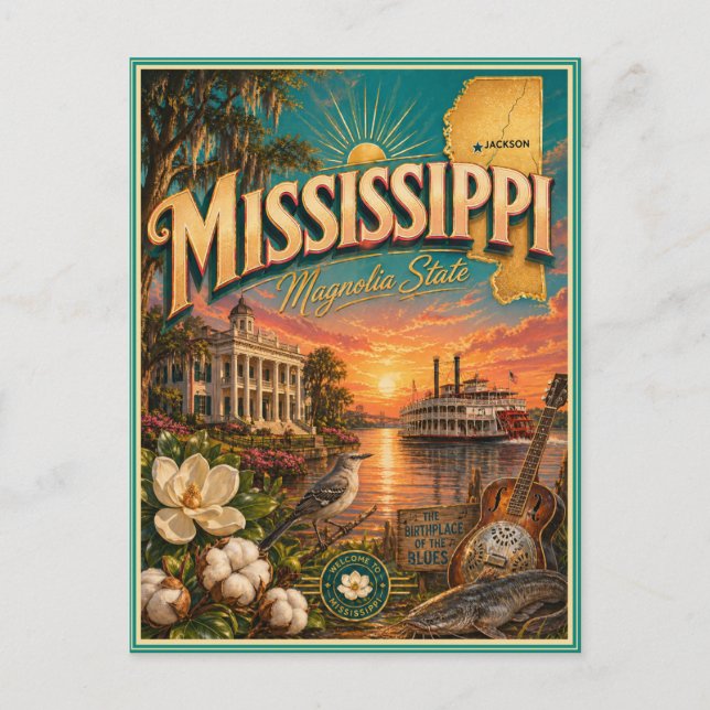 Mississippi Retro Resa Souvenir Vykort (Framsida)