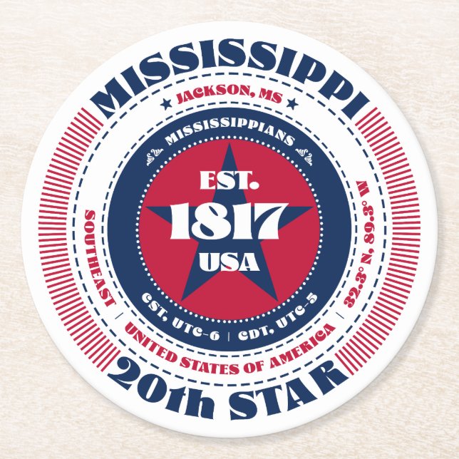 Mississippi Rött vitt blått Typografi Underlägg Papper Rund (Framsidan)