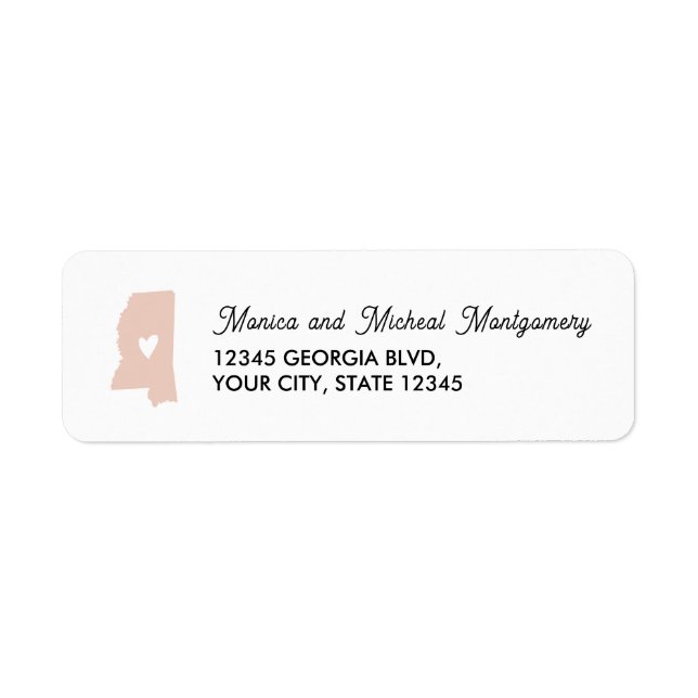 MISSISSIPPI State Karta with Heart - ANY FÄRG Returadress Etikett (Framsidan)