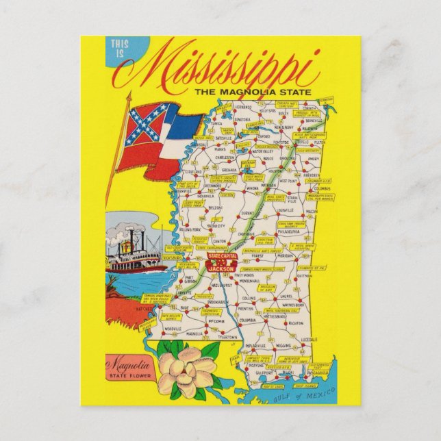 Mississippi State Vintage Karta Poscard Vykort (Framsida)