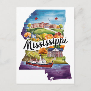 Mississippi USA Delstatsformad Vintage Vattenfärg Vykort