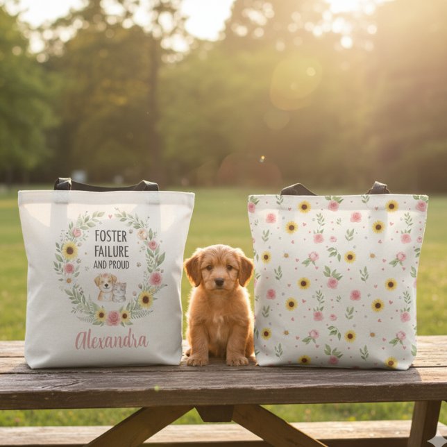 Misslyckad Foster och Stolt Blommig Valp Kattunge Tygkasse (Floral foster failure and proud tote bag for the dog mom — a sweet adoption day gift idea.)